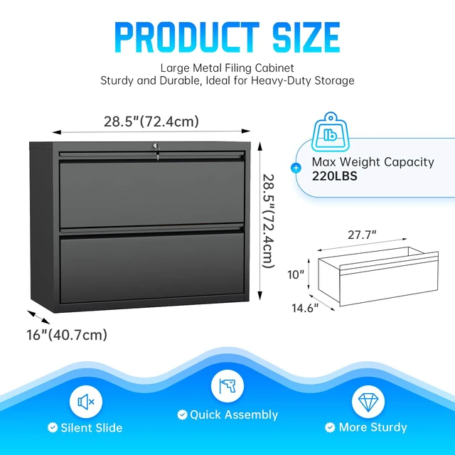 Alt view image 3 of 7 - 2 Drawer File Cabinet, Black Lateral File Cabinet with Lock,Metal Filing Cabinet for Home Office, Lockable File Cabinets for Legal/Letter/A4/F4 Size with Hanging Files&Key