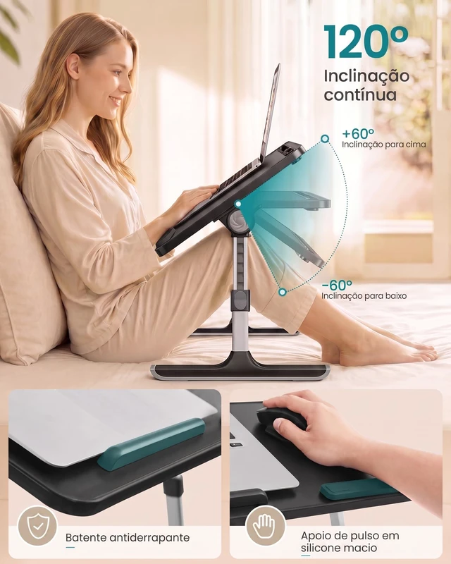 Alt view image 3 of 6 - Bed Laptop Desk, Adjustable, 8 Heights, 23.6 x 15.7 Inches Portable Foldable Bed Table, for Bedroom and Living Room, Ink Black, ISLAND Collection ULLD118B101