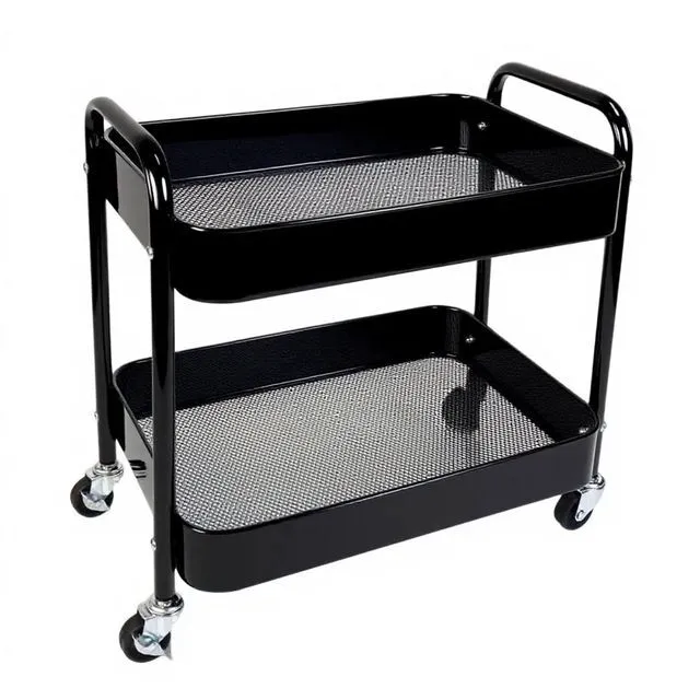 Main image of 2 Tier Short Rolling Cart with Wheels for Under Desk Storage & Panrty Floor Organizer, Large Capacity Metal Kitchen Utility Cart, Sturdy Makeup Organizer for Small Space with 4 Hooks, Black