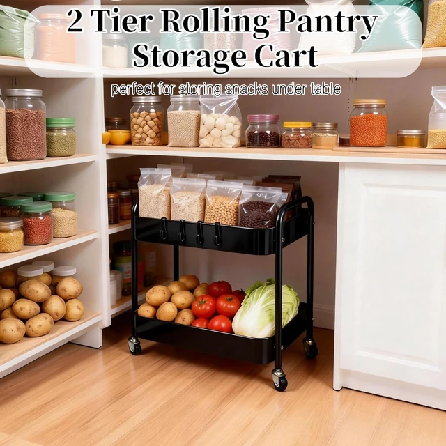 Alt view image 2 of 6 - 2 Tier Short Rolling Cart with Wheels for Under Desk Storage & Panrty Floor Organizer, Large Capacity Metal Kitchen Utility Cart, Sturdy Makeup Organizer for Small Space with 4 Hooks, Black