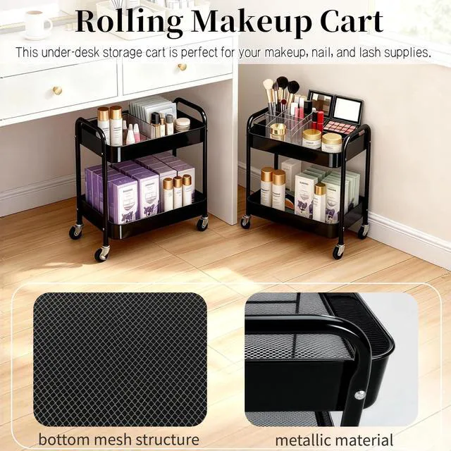 Alt view image 4 of 6 - 2 Tier Short Rolling Cart with Wheels for Under Desk Storage & Panrty Floor Organizer, Large Capacity Metal Kitchen Utility Cart, Sturdy Makeup Organizer for Small Space with 4 Hooks, Black