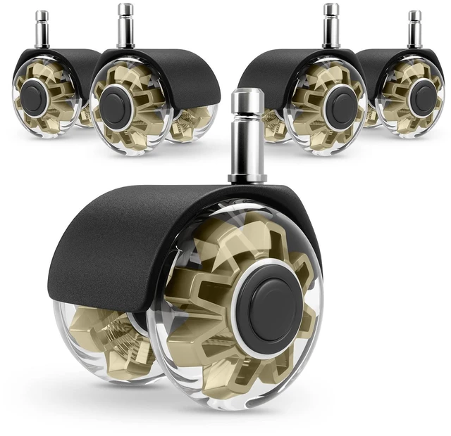 Main image of 2" Office Chair Wheels Set of 5, Gold Heavy Duty Chair Caster Support 2200lbs, Mute Rubber, Universal Fit 7/16"x7/8" Stem, Smooth Quiet Rolling, Safety Protection for Hardwood, Carpet