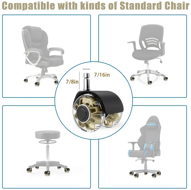 Alt view image 2 of 7 - 2" Office Chair Wheels Set of 5, Gold Heavy Duty Chair Caster Support 2200lbs, Mute Rubber, Universal Fit 7/16"x7/8" Stem, Smooth Quiet Rolling, Safety Protection for Hardwood, Carpet