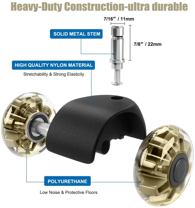 Alt view image 3 of 7 - 2" Office Chair Wheels Set of 5, Gold Heavy Duty Chair Caster Support 2200lbs, Mute Rubber, Universal Fit 7/16"x7/8" Stem, Smooth Quiet Rolling, Safety Protection for Hardwood, Carpet