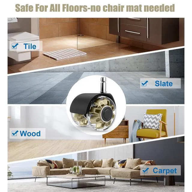 Alt view image 4 of 7 - 2" Office Chair Wheels Set of 5, Gold Heavy Duty Chair Caster Support 2200lbs, Mute Rubber, Universal Fit 7/16"x7/8" Stem, Smooth Quiet Rolling, Safety Protection for Hardwood, Carpet