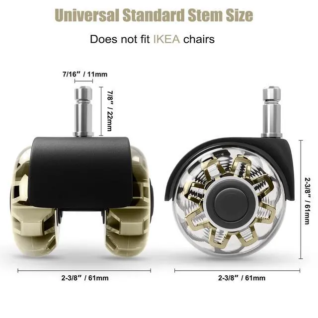 Alt view image 6 of 7 - 2" Office Chair Wheels Set of 5, Gold Heavy Duty Chair Caster Support 2200lbs, Mute Rubber, Universal Fit 7/16"x7/8" Stem, Smooth Quiet Rolling, Safety Protection for Hardwood, Carpet