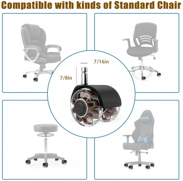Alt view image 2 of 7 - 2" Office Chair Wheels Set of 5, Brown Heavy Duty Chair Caster Support 2200lbs, Mute Rubber, Universal Fit 7/16"x7/8" Stem, Smooth Quiet Rolling, Safety Protection for Hardwood, Carpet