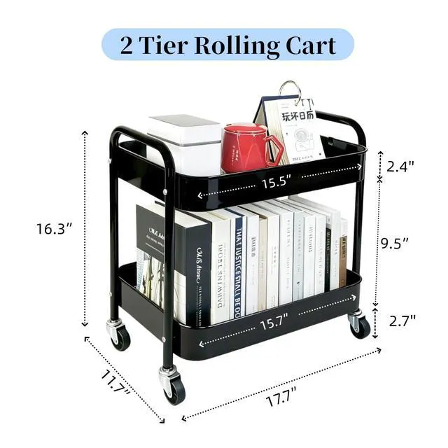 Alt view image 6 of 6 - 2 Tier Short Rolling Cart with Wheels for Under Desk Storage & Panrty Floor Organizer, Large Capacity Metal Kitchen Utility Cart, Sturdy Makeup Organizer for Small Space with 4 Hooks, Black