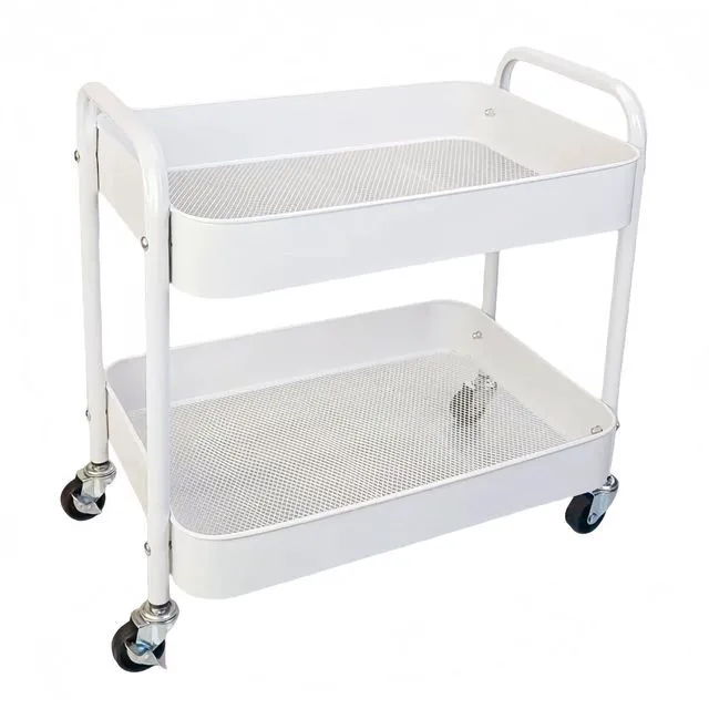 Main image of 2 Tier Short Rolling Cart with Wheels for Under Desk Storage & Pantry Storage, Large Capacity Metal Kitchen Utility Cart for Small Space, Laundry Room Organizer Side Table with 4 Hooks, White