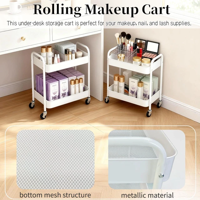 Alt view image 4 of 7 - 2 Tier Short Rolling Cart with Wheels for Under Desk Storage & Pantry Storage, Large Capacity Metal Kitchen Utility Cart for Small Space, Laundry Room Organizer Side Table with 4 Hooks, White