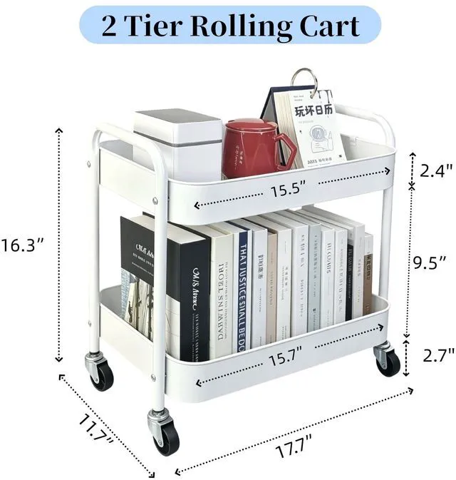 Alt view image 6 of 7 - 2 Tier Short Rolling Cart with Wheels for Under Desk Storage & Pantry Storage, Large Capacity Metal Kitchen Utility Cart for Small Space, Laundry Room Organizer Side Table with 4 Hooks, White