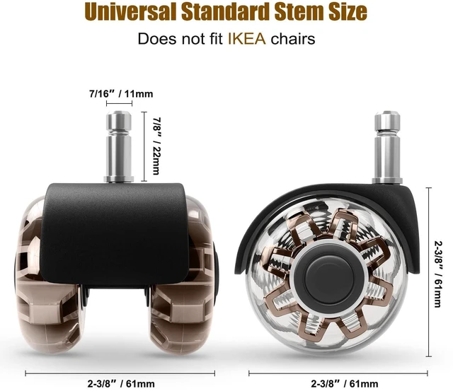 Alt view image 6 of 7 - 2" Office Chair Wheels Set of 5, Brown Heavy Duty Chair Caster Support 2200lbs, Mute Rubber, Universal Fit 7/16"x7/8" Stem, Smooth Quiet Rolling, Safety Protection for Hardwood, Carpet
