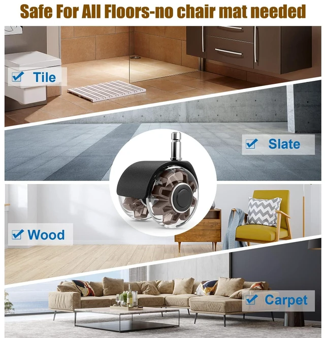 Alt view image 4 of 7 - 2" Office Chair Wheels Set of 5, Brown Heavy Duty Chair Caster Support 2200lbs, Mute Rubber, Universal Fit 7/16"x7/8" Stem, Smooth Quiet Rolling, Safety Protection for Hardwood, Carpet