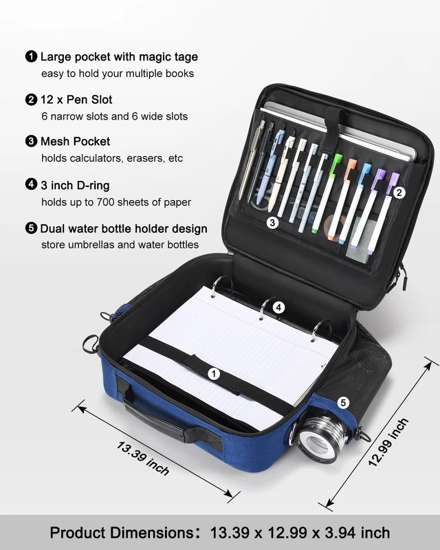 Alt view image 2 of 7 - 3 Inch 3-Ring Zipper Binder with Water Bottle Holder and Handle Zip Up Binder with Shoulder Strap, 700 Sheet Capacity, Compatible with 13" MacBook/Tablet, for School, Office, Dark Blue
