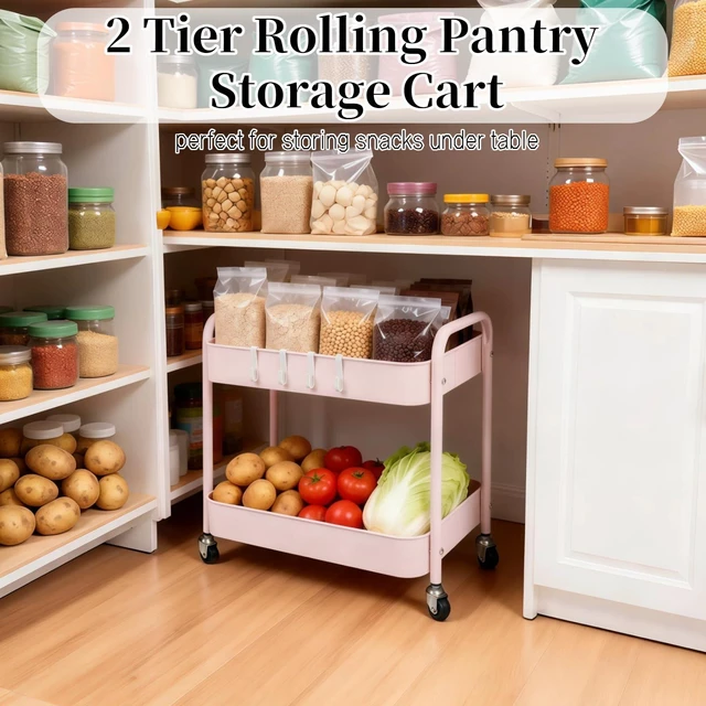 Alt view image 2 of 7 - 2 Tier Pink Rolling Cart with Wheels for Under Desk Storage, Large Capacity Rolling Pantry & Kitchen Storage Cart for Small Space, Sturdy Metal Bathroom Shelf Laundry Room Organization