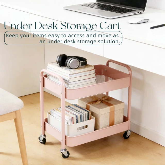 Alt view image 3 of 7 - 2 Tier Pink Rolling Cart with Wheels for Under Desk Storage, Large Capacity Rolling Pantry & Kitchen Storage Cart for Small Space, Sturdy Metal Bathroom Shelf Laundry Room Organization