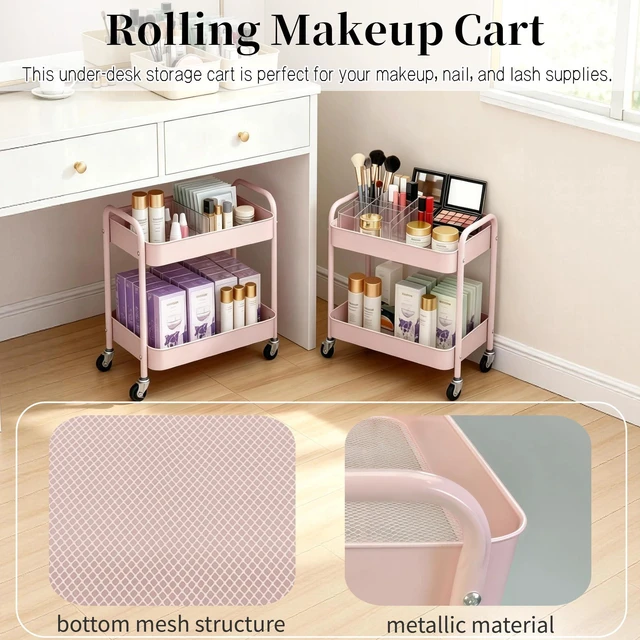 Alt view image 4 of 7 - 2 Tier Pink Rolling Cart with Wheels for Under Desk Storage, Large Capacity Rolling Pantry & Kitchen Storage Cart for Small Space, Sturdy Metal Bathroom Shelf Laundry Room Organization