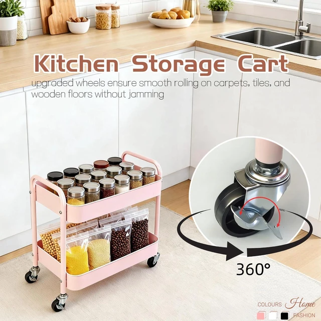 Alt view image 5 of 7 - 2 Tier Pink Rolling Cart with Wheels for Under Desk Storage, Large Capacity Rolling Pantry & Kitchen Storage Cart for Small Space, Sturdy Metal Bathroom Shelf Laundry Room Organization