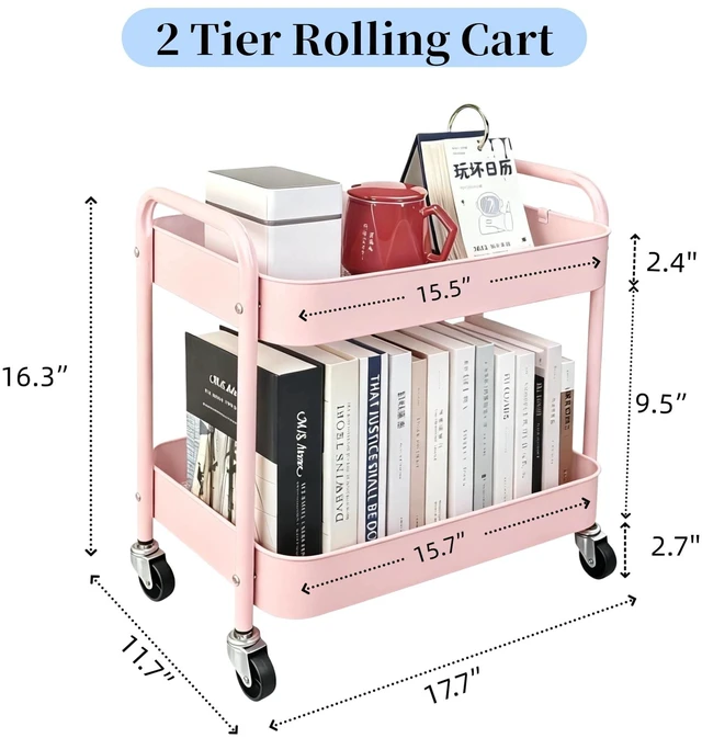Alt view image 6 of 7 - 2 Tier Pink Rolling Cart with Wheels for Under Desk Storage, Large Capacity Rolling Pantry & Kitchen Storage Cart for Small Space, Sturdy Metal Bathroom Shelf Laundry Room Organization
