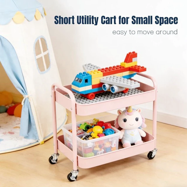 Alt view image 7 of 7 - 2 Tier Pink Rolling Cart with Wheels for Under Desk Storage, Large Capacity Rolling Pantry & Kitchen Storage Cart for Small Space, Sturdy Metal Bathroom Shelf Laundry Room Organization