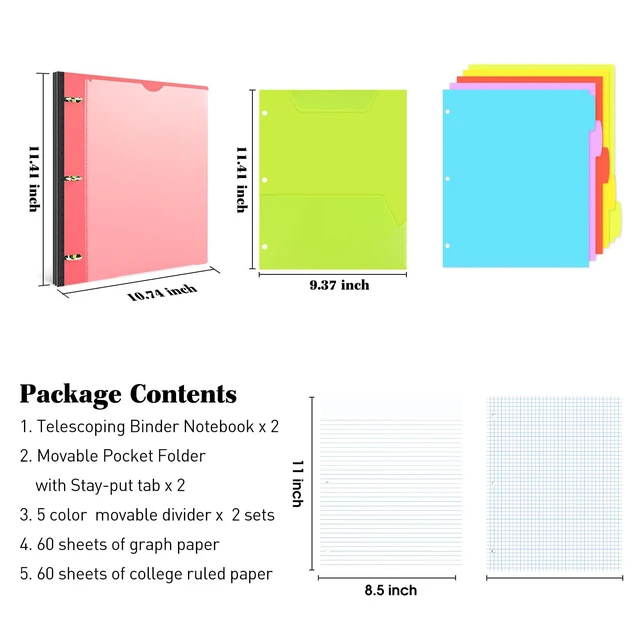 Alt view image 2 of 7 - All-in-one Telescoping Binder Notebook- 2PCS, 3 Ring Notebook Binder with 1 Plastic Movable Pocket Folder,5 Plastic Subject dividers and Graph Paper and College Ruled Paper - Red