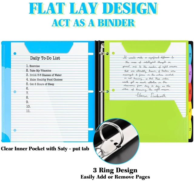 Alt view image 3 of 7 - All-in-one Telescoping Binder Notebook - 2PCS, Refillable 3 Ring Notebook Binder with 1 plastic movable pocket folder,5 plastic subject dividers and graph paper and college ruled paper - Blue