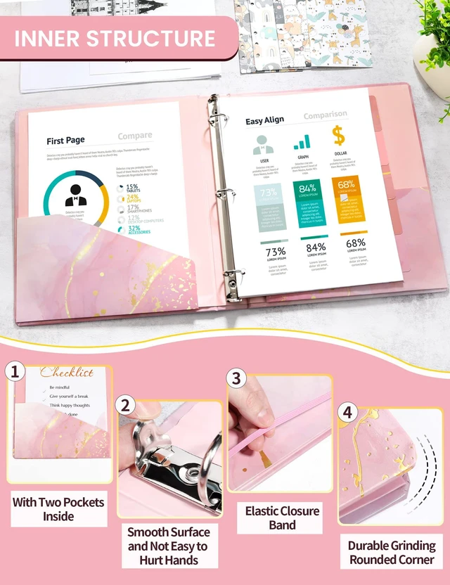 Alt view image 5 of 7 - Pink Marble 1 Inch 3 Ring Clipboard Binder with Dividers, Letter Size