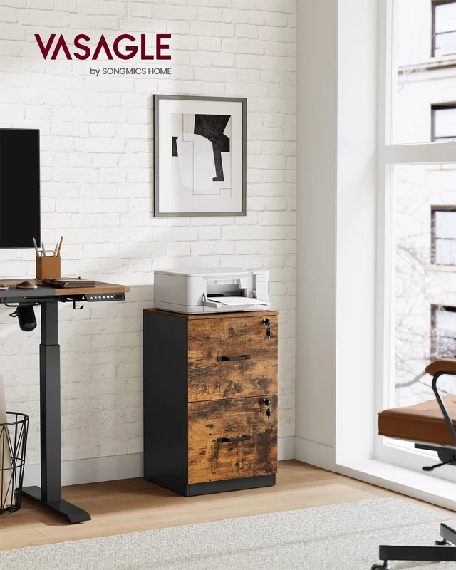 Alt view image 2 of 7 - 2 Drawer File Cabinet with Locks, for A4, Letter Sized Documents Filing Cabinet for Hanging File Folders, Home Office, Rustic Brown and Ink Black, CUSTOS Collection UOFC061B01