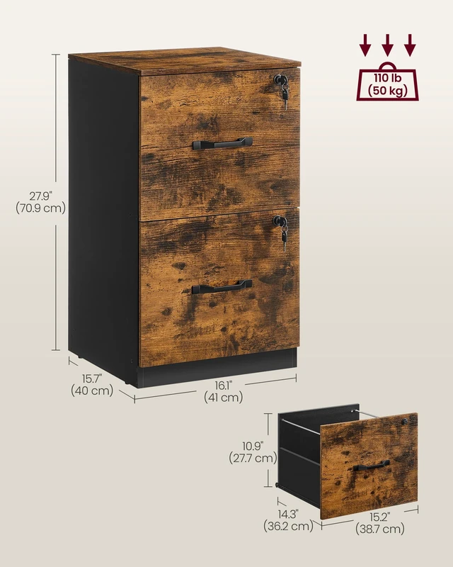 Alt view image 3 of 7 - 2 Drawer File Cabinet with Locks, for A4, Letter Sized Documents Filing Cabinet for Hanging File Folders, Home Office, Rustic Brown and Ink Black, CUSTOS Collection UOFC061B01