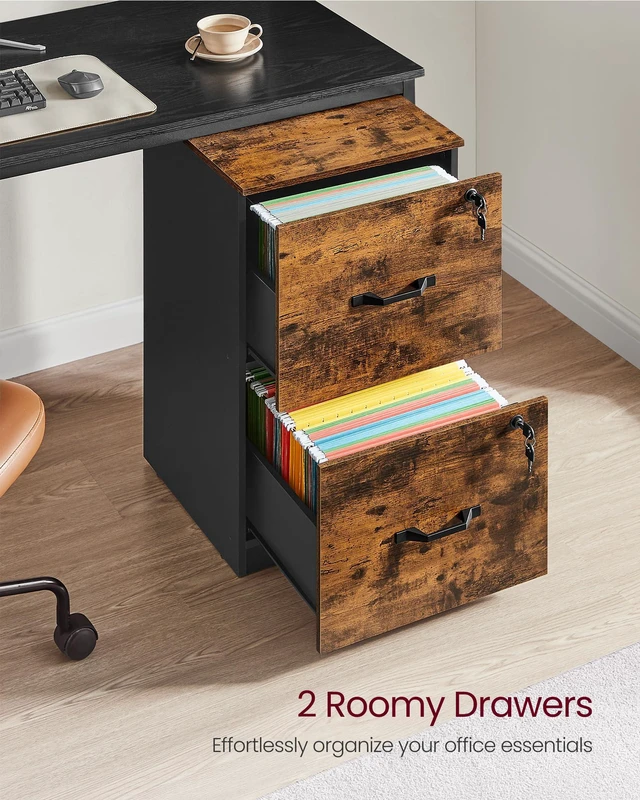 Alt view image 4 of 7 - 2 Drawer File Cabinet with Locks, for A4, Letter Sized Documents Filing Cabinet for Hanging File Folders, Home Office, Rustic Brown and Ink Black, CUSTOS Collection UOFC061B01