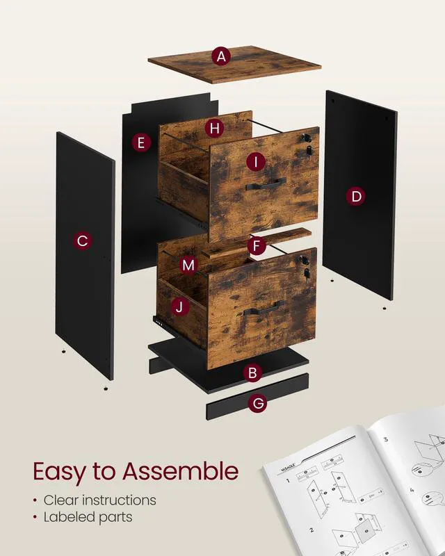 Alt view image 6 of 7 - 2 Drawer File Cabinet with Locks, for A4, Letter Sized Documents Filing Cabinet for Hanging File Folders, Home Office, Rustic Brown and Ink Black, CUSTOS Collection UOFC061B01