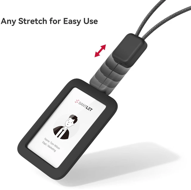 Alt view image 5 of 7 - Lanyards for ID Badges Holder, Soft Silicone, Retractable Cord Clean Quiet Profile with 2 Card Slots, Safety Breakaway Buckle for Office Staff Teachers Employees, 2PCS Vertical Black