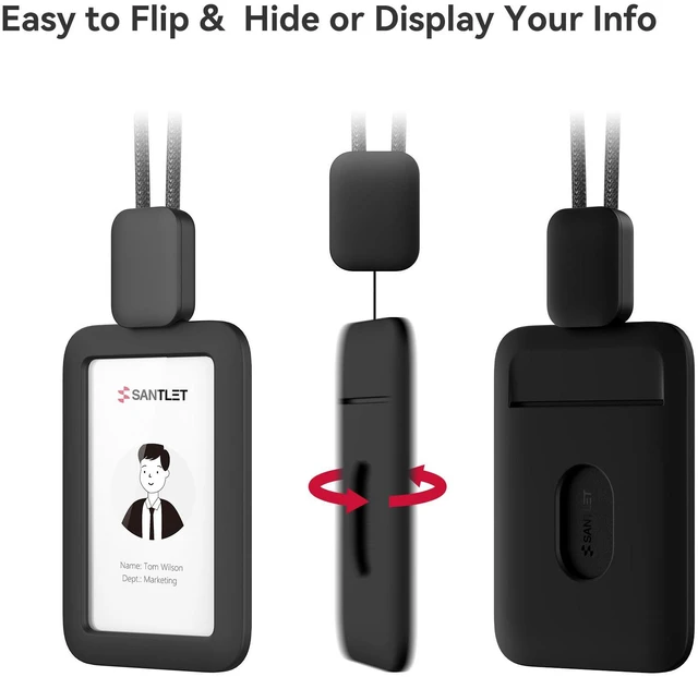 Alt view image 6 of 7 - Lanyards for ID Badges Holder, Soft Silicone, Retractable Cord Clean Quiet Profile with 2 Card Slots, Safety Breakaway Buckle for Office Staff Teachers Employees, 2PCS Vertical Black