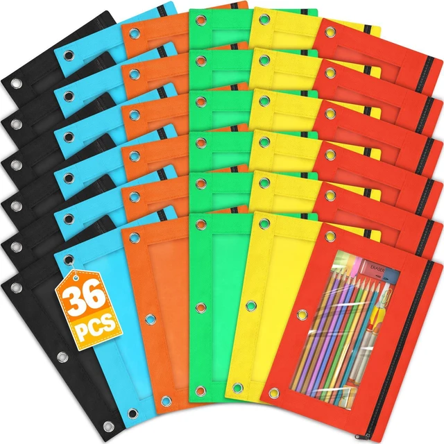 Main image of Pencil Pouch for 3 Ring Binder, 36 Packs Zipper Pencil Pouch Bulk 6 Colors Pencil Case for Binder with Clear Window, Pencil Pouches Bulk for School Classroom, Teacher Students Supplies Bulk