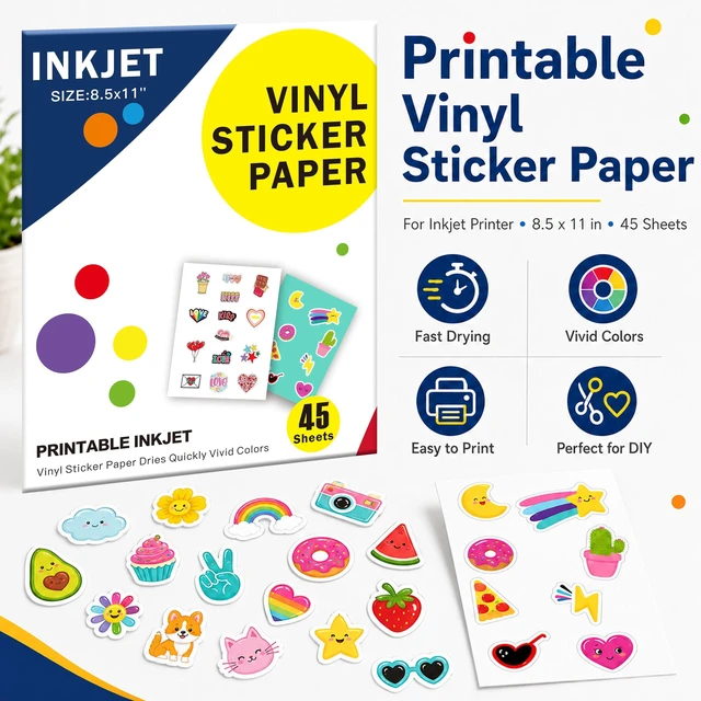 Alt view image 2 of 7 - Printable Clear Sticker Paper, 45 Sheets, 8.5x11, for Inkjet Quick-Drying Surface, Vivid Prints, Removable, Tear-Resistant, Clear Labels and Custom Crafts for Cutting Machines