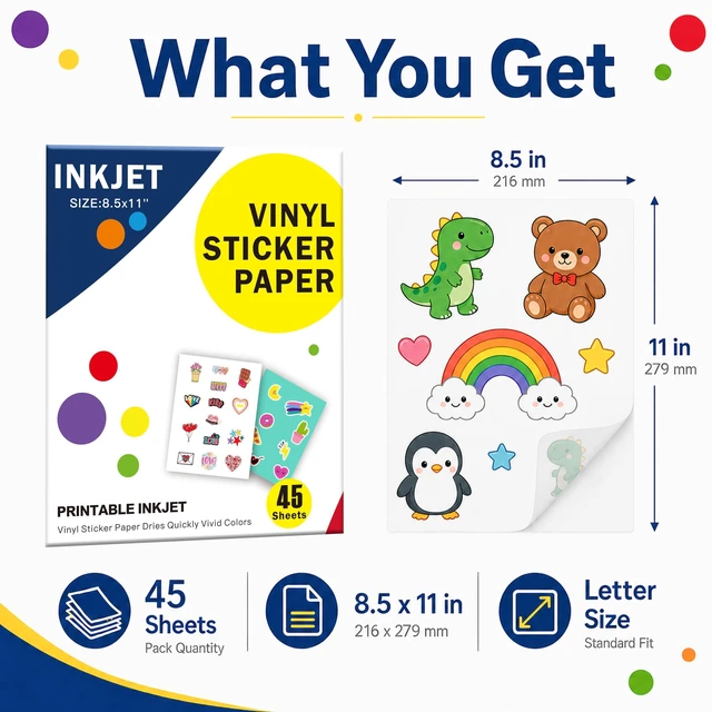 Alt view image 3 of 7 - Printable Clear Sticker Paper, 45 Sheets, 8.5x11, for Inkjet Quick-Drying Surface, Vivid Prints, Removable, Tear-Resistant, Clear Labels and Custom Crafts for Cutting Machines