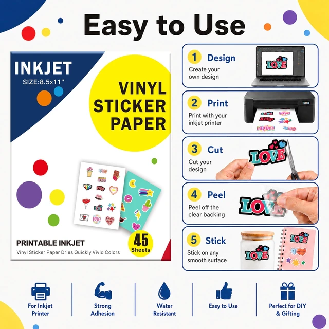 Alt view image 5 of 7 - Printable Clear Sticker Paper, 45 Sheets, 8.5x11, for Inkjet Quick-Drying Surface, Vivid Prints, Removable, Tear-Resistant, Clear Labels and Custom Crafts for Cutting Machines