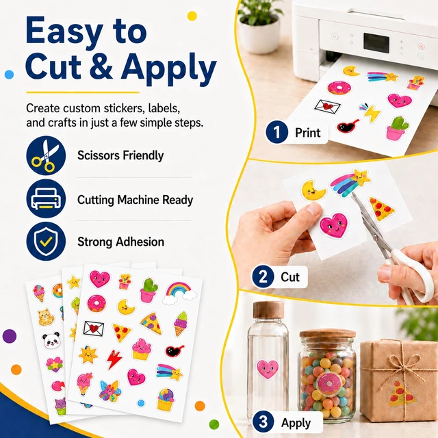 Alt view image 6 of 7 - Printable Clear Sticker Paper, 45 Sheets, 8.5x11, for Inkjet Quick-Drying Surface, Vivid Prints, Removable, Tear-Resistant, Clear Labels and Custom Crafts for Cutting Machines