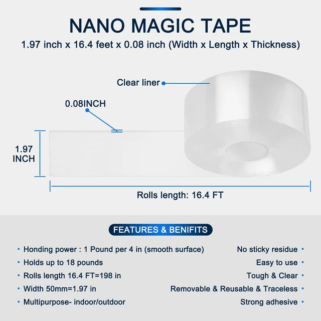 Alt view image 2 of 7 - Double-Sided Tape Heavy Duty 16.5 FT x 1.18 in Clear Removable Mounting Tape for Walls, Carpet, Rugs, Posters Reusable, No-Residue, Indoor/Outdoor Nano Gel Grip (Pack of 2)