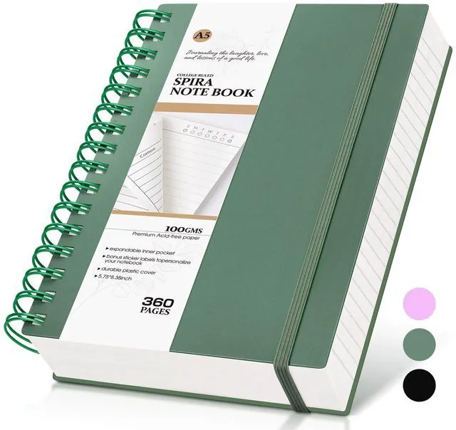 Main image of Spiral Notebook Journal,360 Pages College Ruled Notebook, Lined Thick Journals for Women Men,A5 Thick Spiral Journal for Writing,100GSM Paper, Spiral Notebooks for Work School 5.5"x8.5" Green