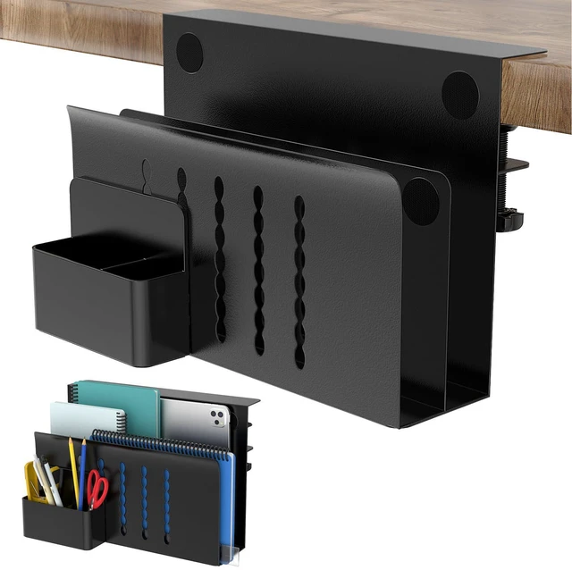 Main image of Desk Side Storage, 2 Tier Steel Hanging Desk Organizer with Magnetic Pen Holder, No Drilling Standing Desk Drawer Cable Management Tray, Under Desk Laptop Holder for Office, School&Home (Black)