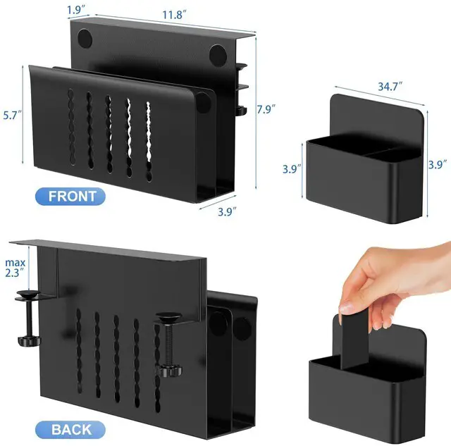 Alt view image 3 of 7 - Desk Side Storage, 2 Tier Steel Hanging Desk Organizer with Magnetic Pen Holder, No Drilling Standing Desk Drawer Cable Management Tray, Under Desk Laptop Holder for Office, School&Home (Black)