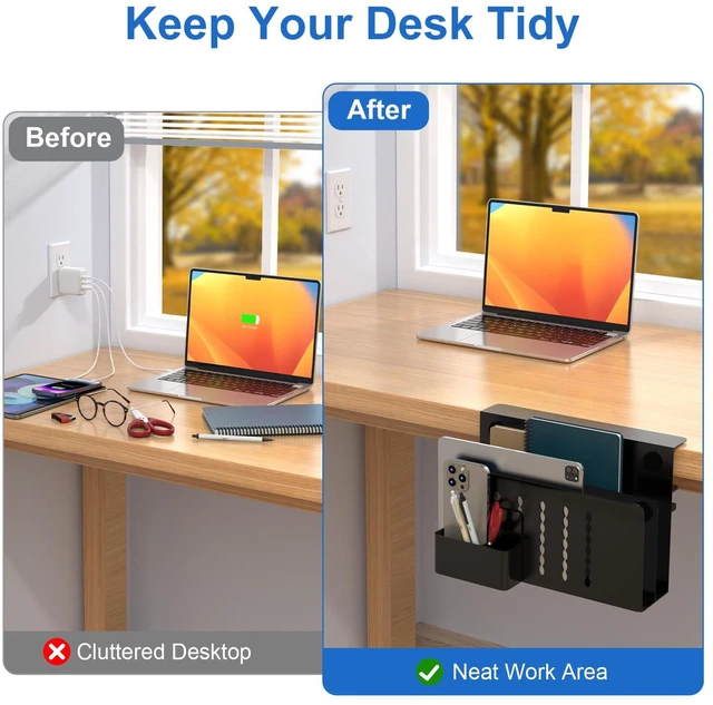 Alt view image 4 of 7 - Desk Side Storage, 2 Tier Steel Hanging Desk Organizer with Magnetic Pen Holder, No Drilling Standing Desk Drawer Cable Management Tray, Under Desk Laptop Holder for Office, School&Home (Black)