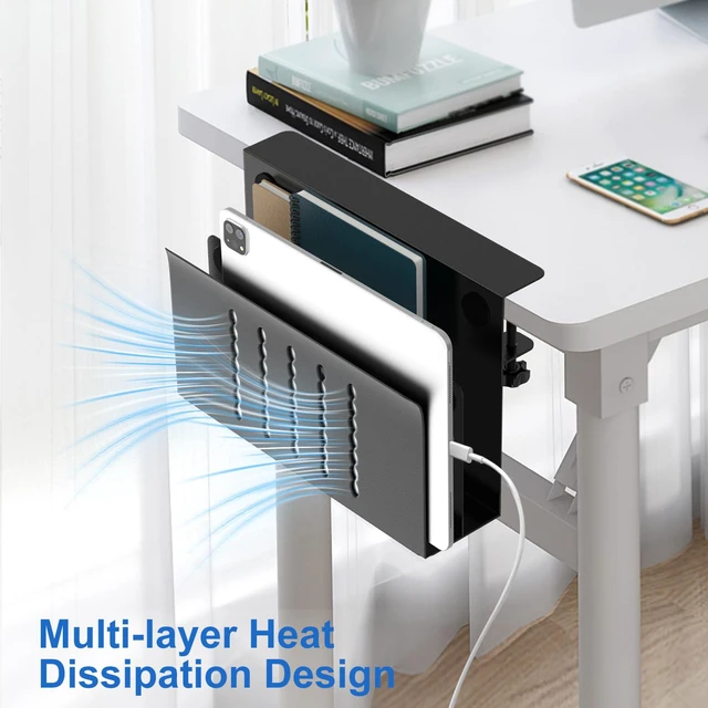 Alt view image 5 of 7 - Desk Side Storage, 2 Tier Steel Hanging Desk Organizer with Magnetic Pen Holder, No Drilling Standing Desk Drawer Cable Management Tray, Under Desk Laptop Holder for Office, School&Home (Black)