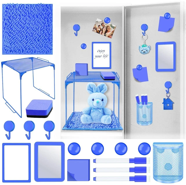 Main image of Locker Accessories with Locker Shelf Locker Mirror Magnetic Pen Holder Sticky Note Whiteboard Mat Blue Locker Organizer for Work Mesh Metal Shelf Accessories Kit for School Office Supplies