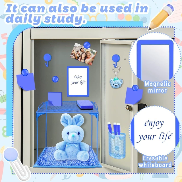 Alt view image 4 of 7 - Locker Accessories with Locker Shelf Locker Mirror Magnetic Pen Holder Sticky Note Whiteboard Mat Blue Locker Organizer for Work Mesh Metal Shelf Accessories Kit for School Office Supplies