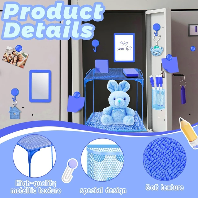 Alt view image 3 of 7 - Locker Accessories with Locker Shelf Locker Mirror Magnetic Pen Holder Sticky Note Whiteboard Mat Blue Locker Organizer for Work Mesh Metal Shelf Accessories Kit for School Office Supplies