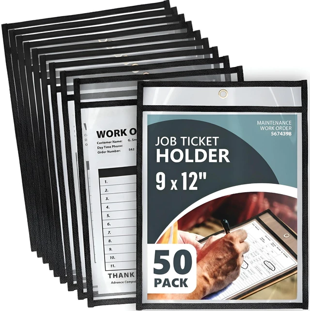 Main image of 50 Pack Job Ticket Holders 9x12 Heavy Duty - Automotive Work Order Plastic Sleeves - Clear Shop Ticket Holders - Repair Order Sleeves - Plastic Sleeve for Paper - Dry Erase Pockets - Work Order Folder