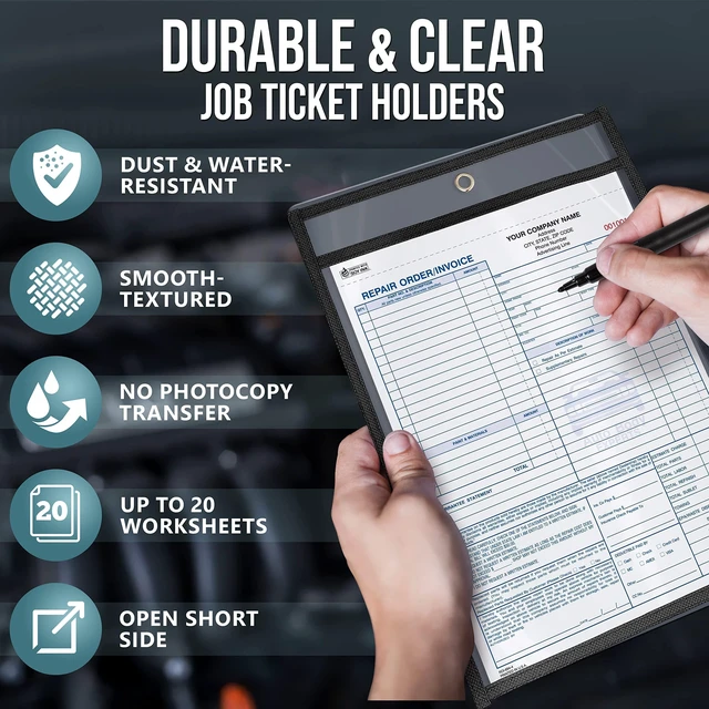 Alt view image 4 of 7 - 50 Pack Job Ticket Holders 9x12 Heavy Duty - Automotive Work Order Plastic Sleeves - Clear Shop Ticket Holders - Repair Order Sleeves - Plastic Sleeve for Paper - Dry Erase Pockets - Work Order Folder