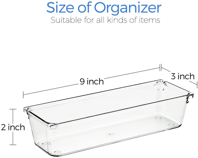 Alt view image 3 of 7 - 6 Pack Drawer Organizer, 3" x 9" Plastic Storage Bins Acrylic Tray Design, Non-Slip Pads, For Makeup, Jewelry, Kitchen Utensils, Bathroom, Office Storage